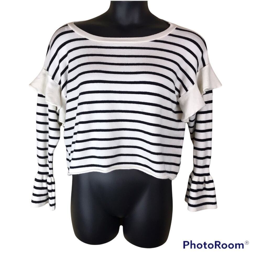 ZARA KNIT Bell Sleeve Ruffle Shoulder Stripe Sweater Size Small